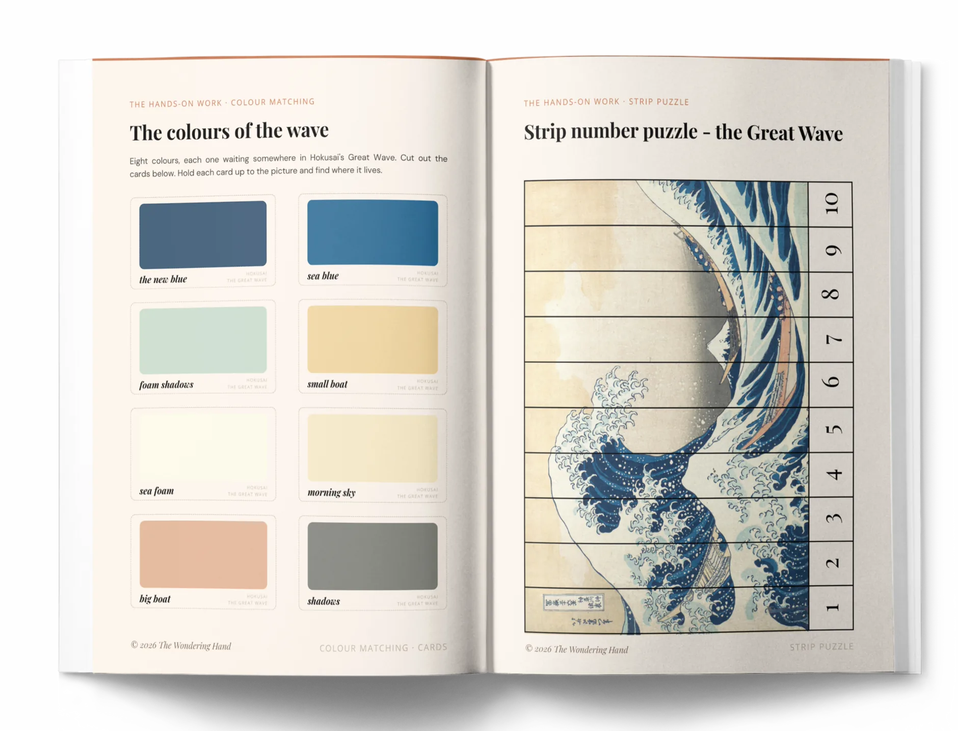 An open spread from a Wondering Hand Wonderbook - a colour-matching study of The Great Wave beside a strip puzzle of the print.